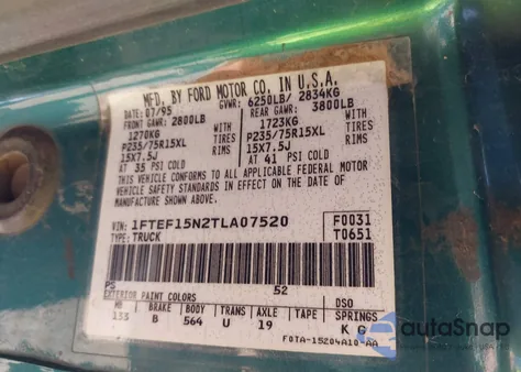 1996 Ford F150 z USA, uszkodzony, nr VIN 1FTEF15N2TLA07520